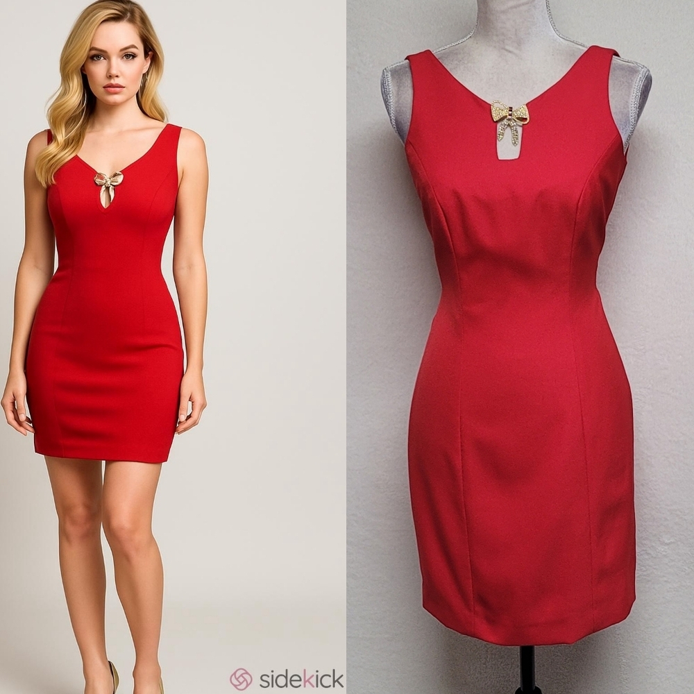Deborah Laws Vintage Red Crepe Gold Rhinestone Bow Brooch Bodycon Mini Dress 2 - Picture 1 of 11